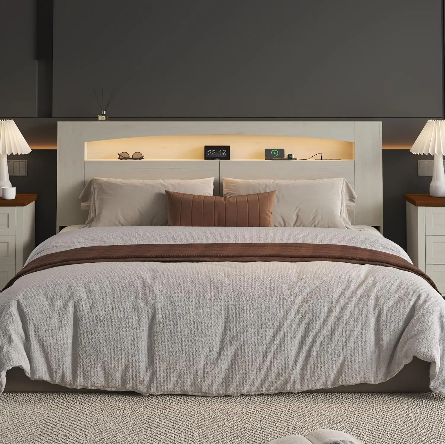 Wooden Headboard with RGB LED, USB & Power Outlet Charging Station, Moon Storage Compartment, Wall Mount, Customized