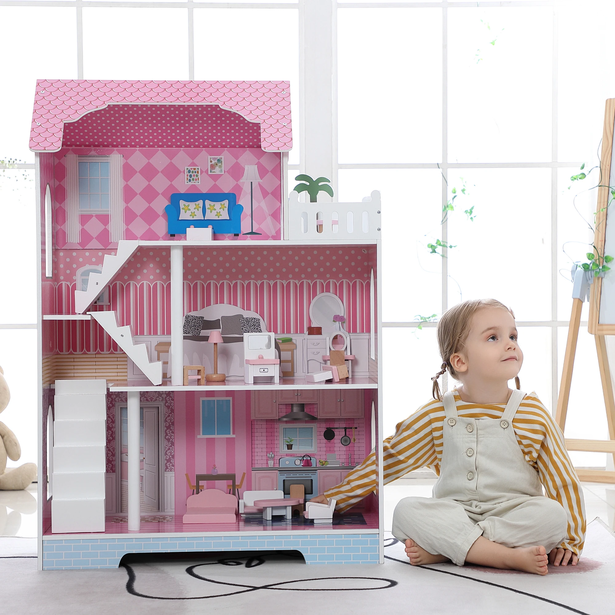 WODENY Wooden Dolls House with 11pcs Furniture & Staircase Accessories, 3-Storey Large Dollhouse Playset for Girls Kids