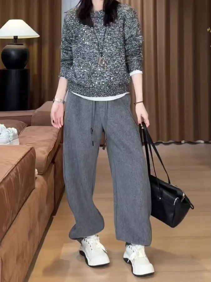 Spodnie sztruksowe damskie z szerokimi nogawkami, z elastyczną talią, plus size, na jesień i zimę 2025, nowe, casualowe.