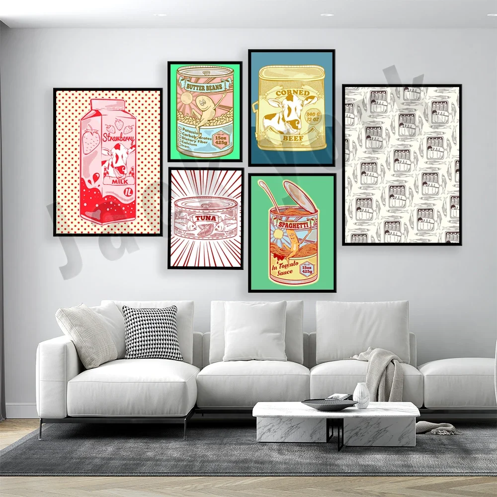 Baked bean tin, anchovies, sardines, canned fish, mackerel, canned tuna, banana strawberry milk carton, goat milk food poster