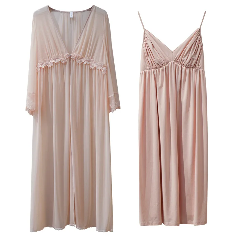 High Quality Women Sleeping Skirt For Summer Spring Strap Waist Two Pieces Set Sexy Pajamas Morning Robe Sets Cotton Lace