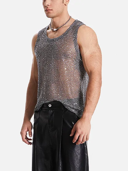 Mens Mesh Tank Top Glitter Sheer See Through Black Fishnet Top Sexy Tops to Show Muscle Shirt Sparkly Party Clubwear Costume