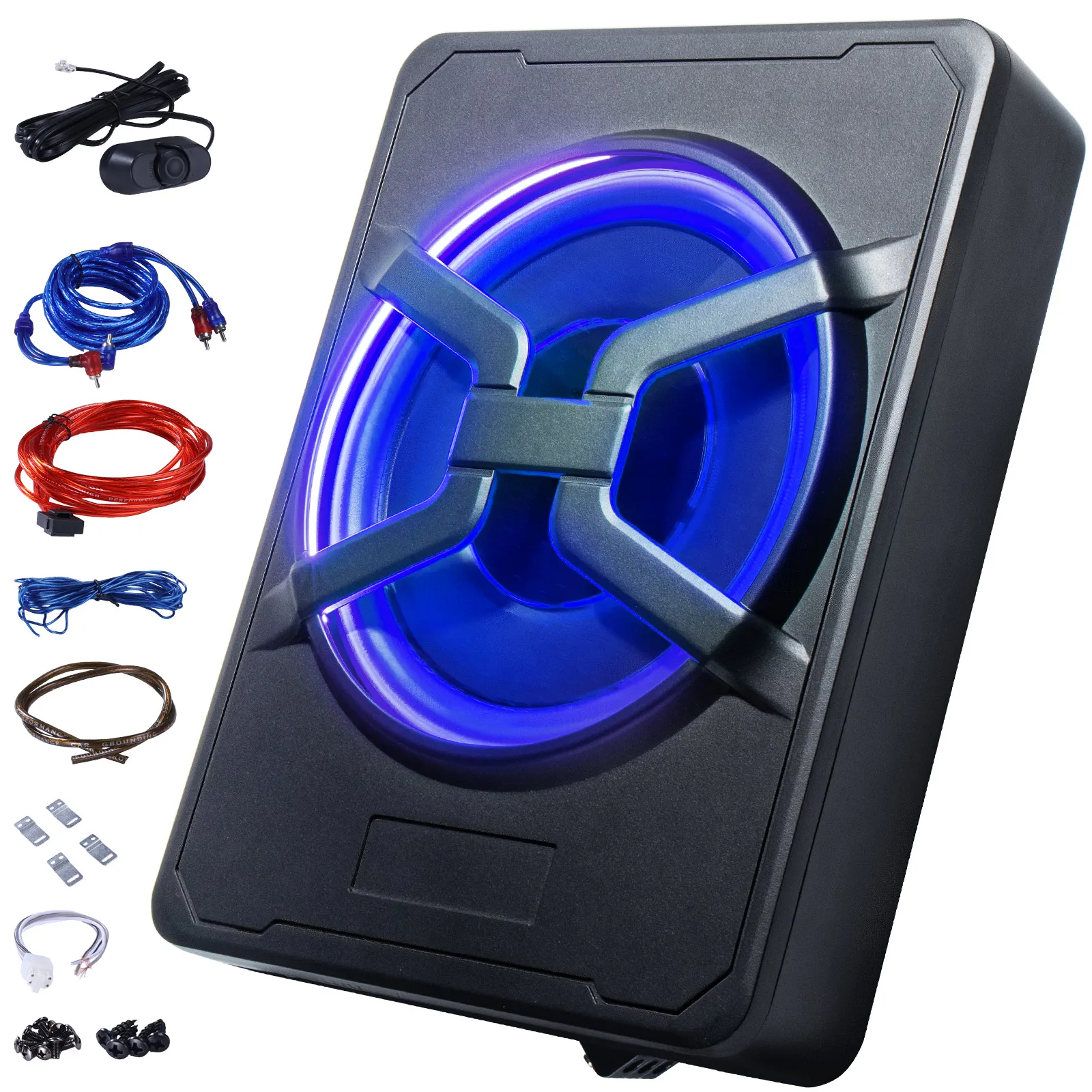 Amplificatore subwoofer per auto Amplificatore incorporato da 800 W ad alta potenza sotto il sedile sottile da 10 pollici con altoparlante per auto installato con luce blu