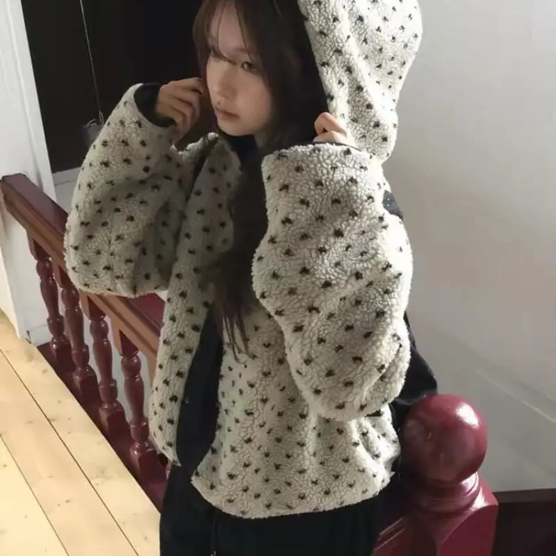 Y2K Women Lamb Wool Jacket Reversible Padded Jacket Girl Cute Heart Printed Coat Autumn Winter Zipper Hooded Jacket Outwear Warm