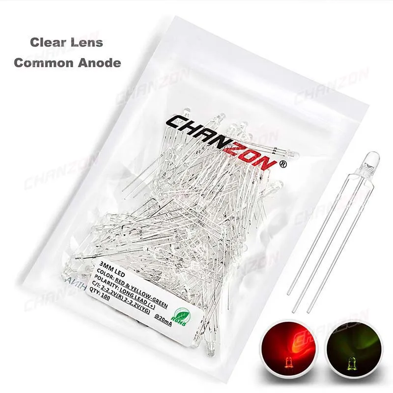 100pcs 3mm Bicolor Red Yellow-Green LED Diode DIP Light Emitting Lamp Bulb Common Anode Cathode Clear Diffused Lens Electronic