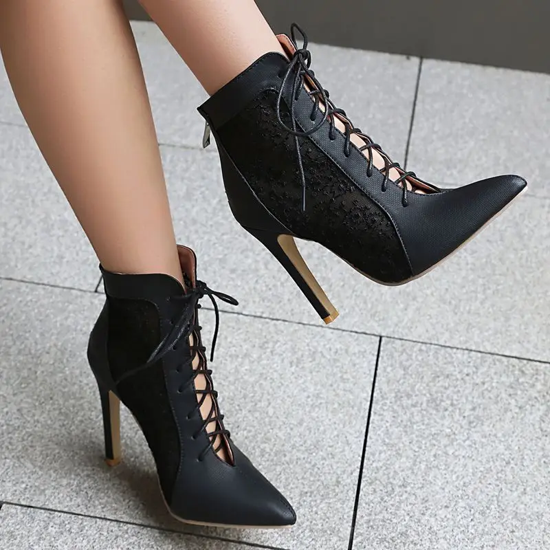 

Girseaby, новый дизайн, женские ботильоны с острым носком, тонкий каблук, 10,8 см, молния, шнуровка, дышащая сетка, смешанная летняя обувь Bota 46 47 48