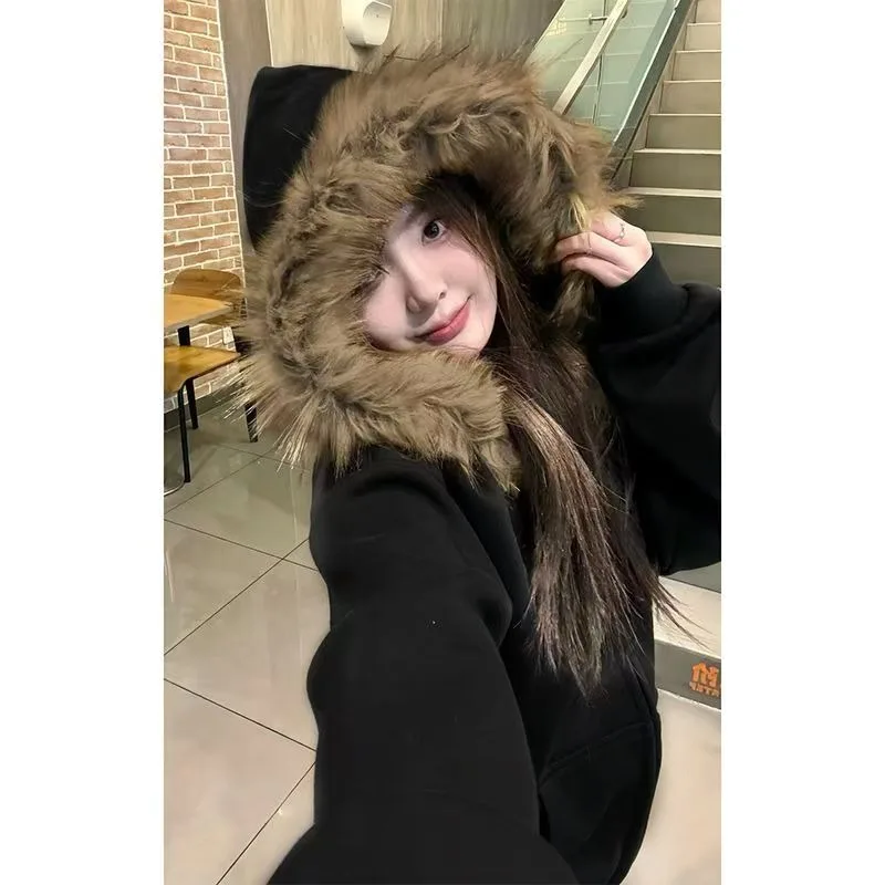 

plus Size Autumn Winter Zipper Cardigan Hooded Sweatirt Women's INS Korean Version Fce Collar Thi Outerwear Coat