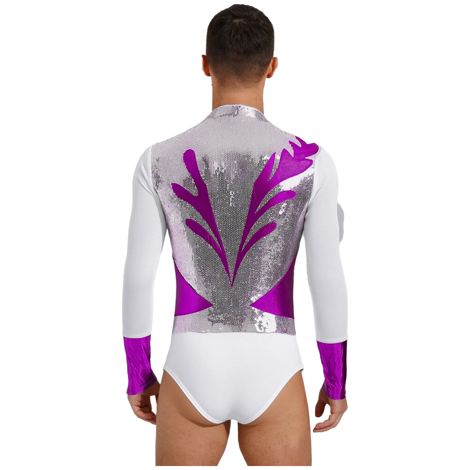 Męski metaliczny błyszczący strój do tańca baletowego, latynoamerykańskiego, body, koszulka, top, brokatowy kombinezon z cekinami, kostium do gimnastyki, łyżwiarstwa figurowego