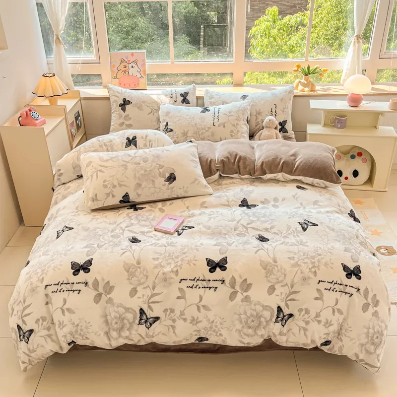 Cute Pattern Flannel Single Comforter Cover Warm Skin-Friendly Quilt Cover for Autumn Winter Sleep Naked Comfortable Bed Decor