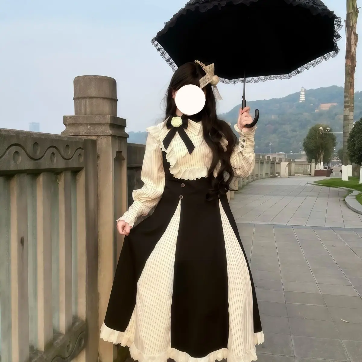 Autumn New Preppy Style Bow Lolita Dress Women Design Hepburn Chic Patchwork Striped Dresses France Sweet Vintage Long Dresses