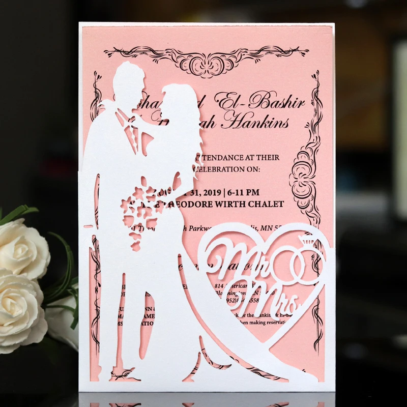25 invitations de mariage en papier nacré rose résistant de 250 g/m², carte d'invitation personnalisée pour la mariée et le marié, IC155