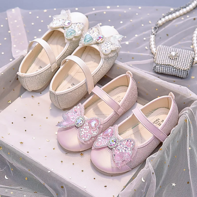 2026 Casual Cute Rhinestone Bowknot Decor Leather Shoes For Baby Girls, Lightweight Non-slip Walking Shoes For Spring And Autumn