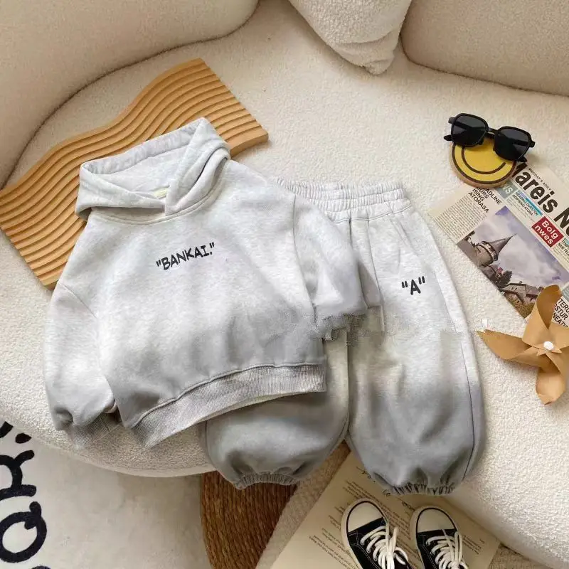 Girl Children Spring Autumn Hooded Gradient Grey Color Set Toddler Boys Outfits Cotton Sweatshirts Pants 2Pcs Clothes Set 1-7 Y