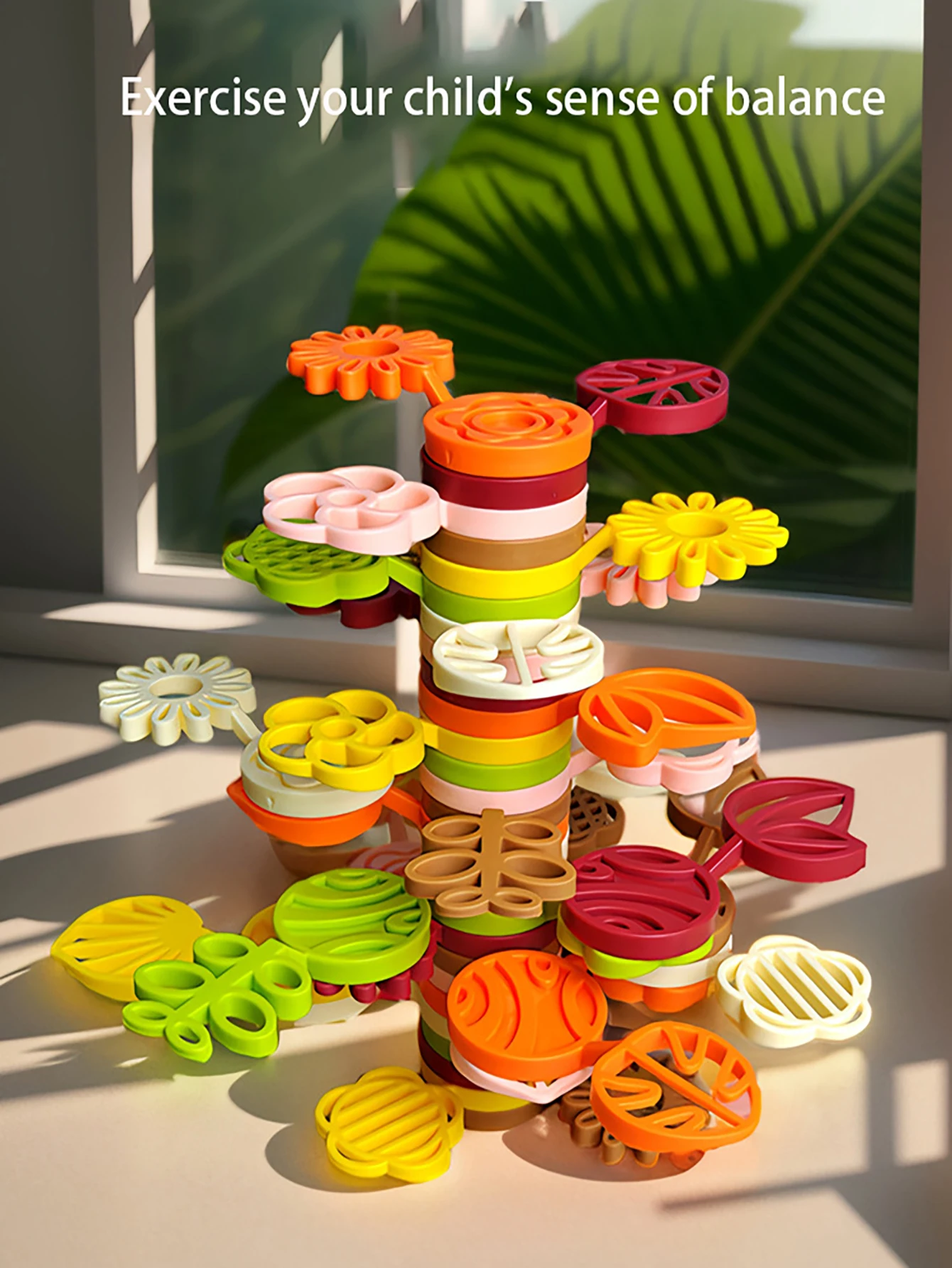 Stack Rainbow flower Tree Stack Blocks สําหรับชุดทําสวนที่มีสีสัน เกมสมดุล ของเล่น เกมก่อนวัยเรียน อาคารการศึกษาและของเล่น