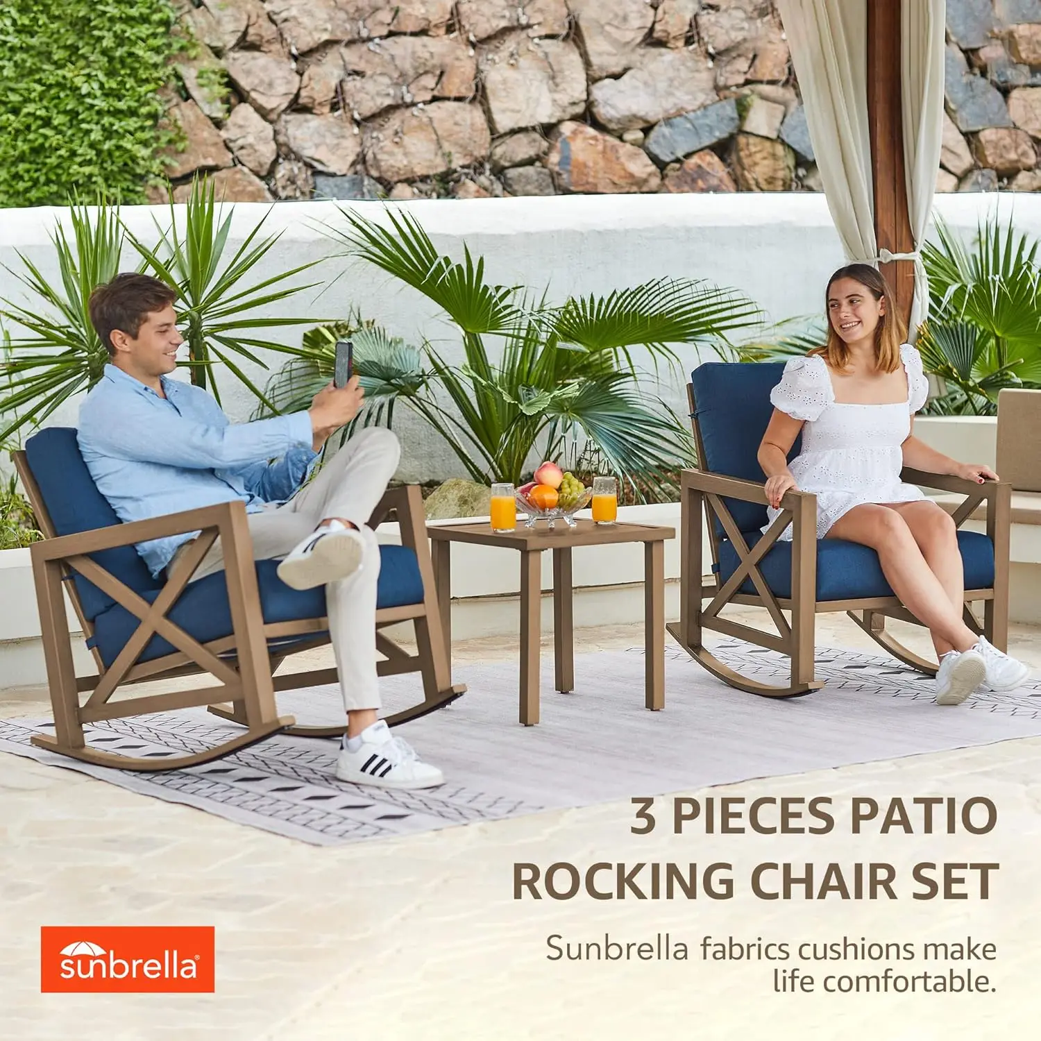 Sunbrella Rocking Bistro Set, 3 Piece Outdoor Patio Conversation Furniture Set with 6.5'' Thick Cushions Wood Grain Finish Frame