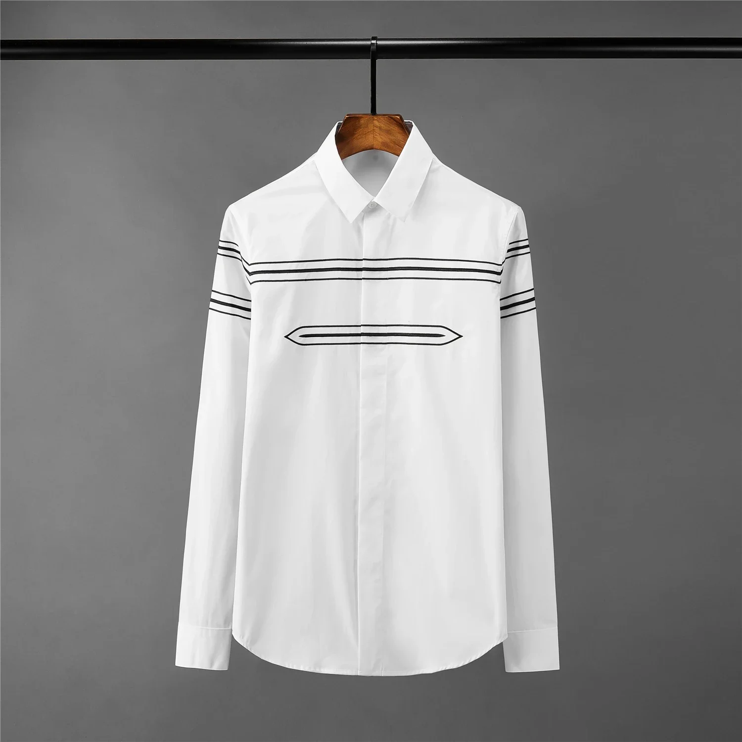 New Solid Color Mens Shirts Luxury Long Sleeve Stripe Embroidery Casual Mens Dress Shirts Fashion Slim Fit Party Man Shirts