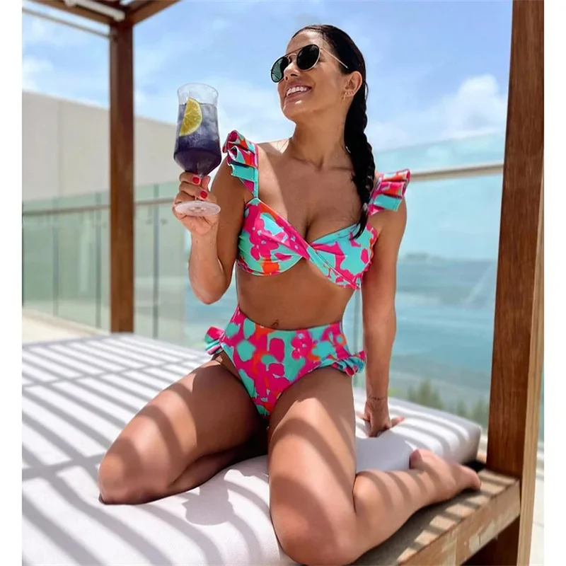 Women's Ruffle Bikini Swimsuit with Long Dress High Waist Halter Cut out Two Piece Bathing Suits Summer Print Female Bodysuit