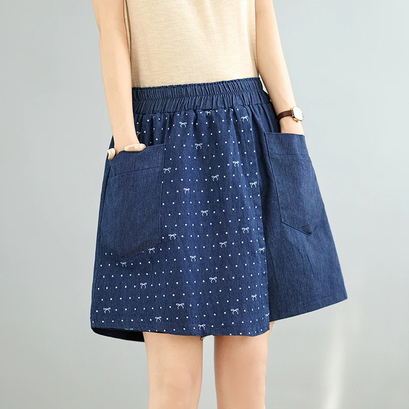 プラスサイズ レディース デニムショートパンツ 夏の新作 ルーズフィット ハイウエスト ワイドレッグパンツ ブルー エラスティックウエスト ショートスカート風 ブルー ジーンズ