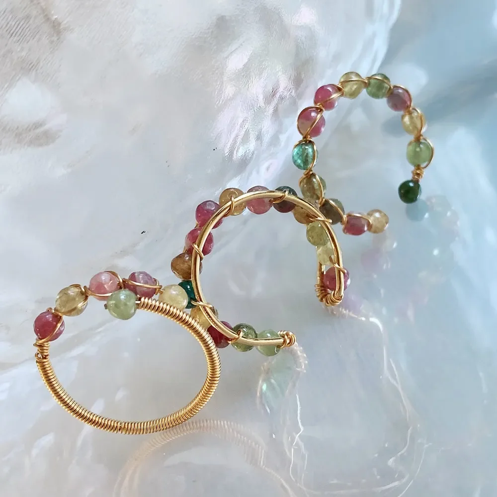 Wire Wrap Natural Tourmalines Crystal Rings for Women Small Beads Charm Gold Color Mixed Colorful Quartz Stone Crystal Open Ring