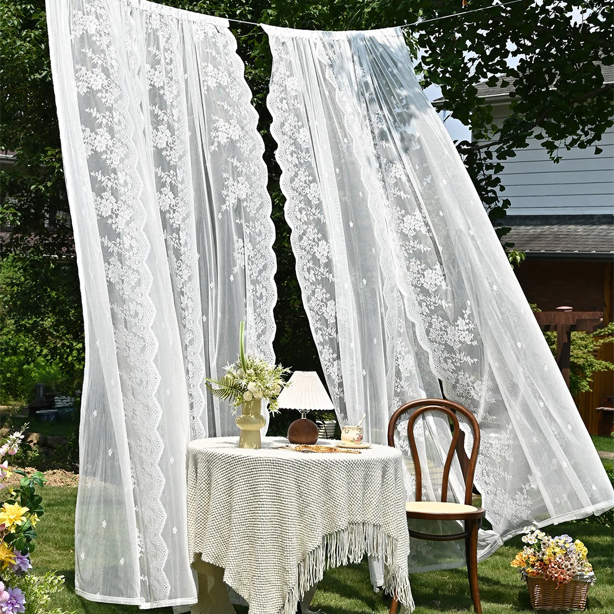 

2pcs White Floral French Lace Semi Transparent Rod Sheer Curtains for Picnic Drapes Living Room Tulle Rod Pocket Bedroom Curtain