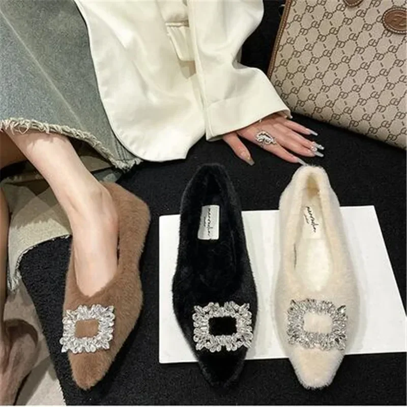 2024 Spring Autumn Women Cotton Loafer Flats Shoes Fashion Rhinestone Slip On Ladies Flats Women's Comfort Warm House Shoes