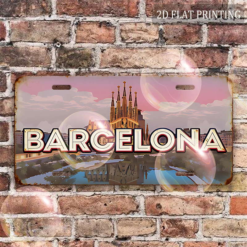 2D Flat, [2D Flat] 1pc, 2D Flat, Vintage Metal Sign, 30.48cm x 15.24cm, Barcelona Sagrada Familia Sunset Scene with Mediterranea