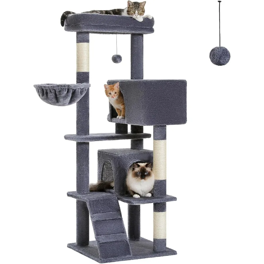 

Cat Tree for Large Cats Adult with Super Large Top Perch 56.3 Tower Featuring Plush Hammock Multiple Shelves Dangling Pompom Ac