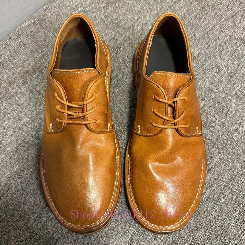 European Horsehide Retro Derby Shoes Men Genuine Leather Lace-up Casual Leather Shoes Round-toe Work Business Commuter Shoes