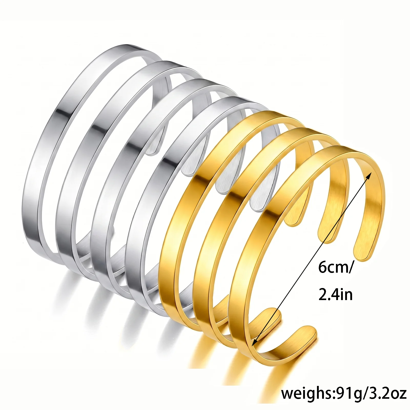 7 Pcs Stainless Steel Open Cuff Bangle Set, Silver & Gold Tone Smooth Plain Bracelets, Minimalist Stackable Wrist Jewelry Kit