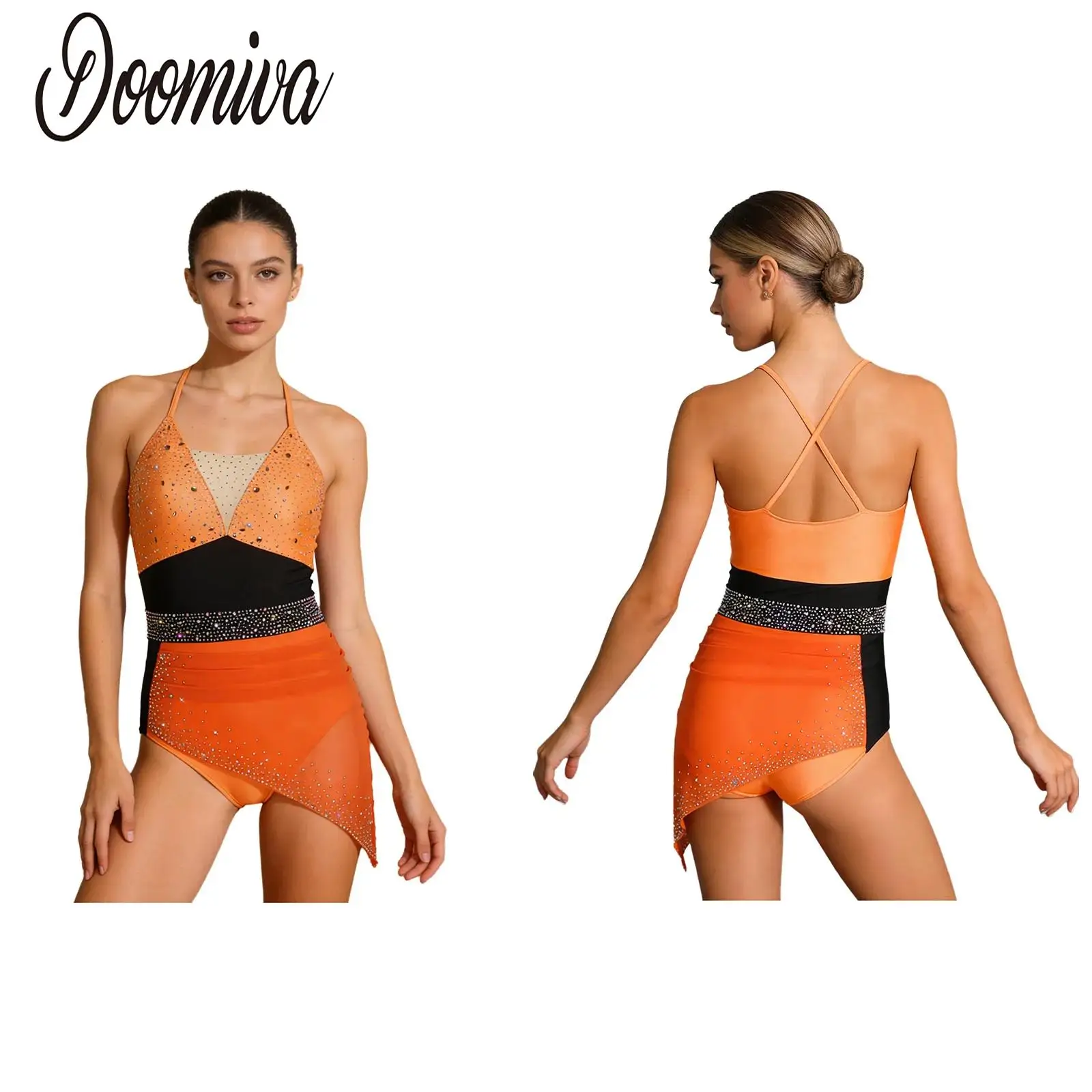 

Women Modern Lyrical Dance Dress Sleeveless Rhinestones Sheer Mesh Leotards Dress Performance Figure Skating Gymnastic Dancewear