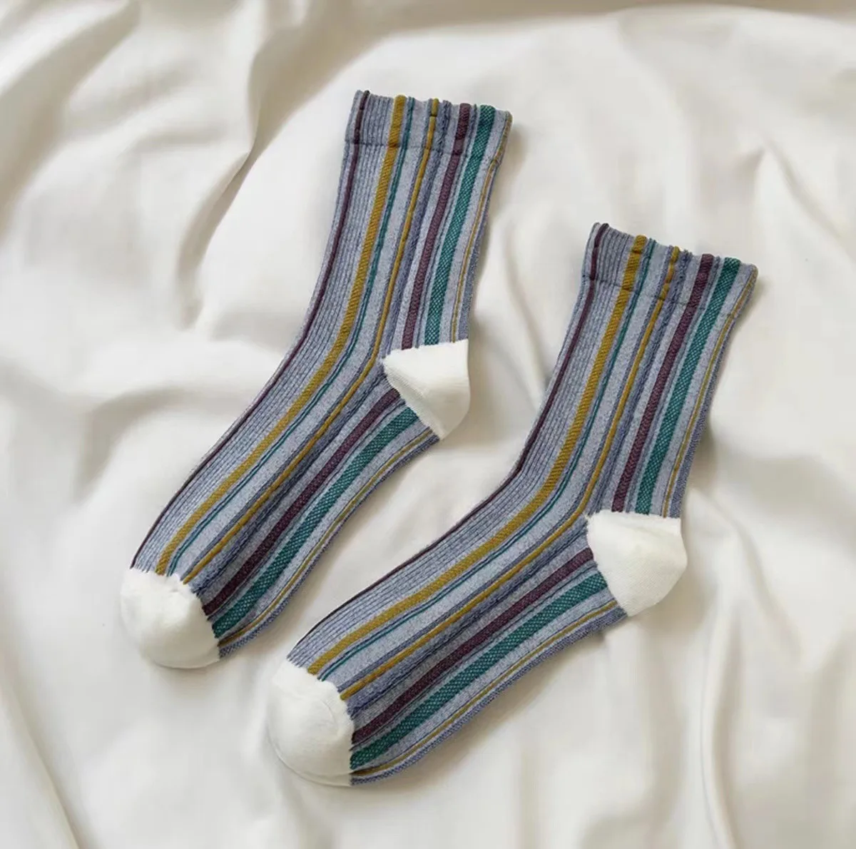 1/5 Paar farbige vertikal gestreifte Damen-Mittelrohrsocken, modische Retro-Kunst, ethnischer Stil, weiche, bequeme Vier-Jahreszeiten-Freizeitsocken – Detail 5
