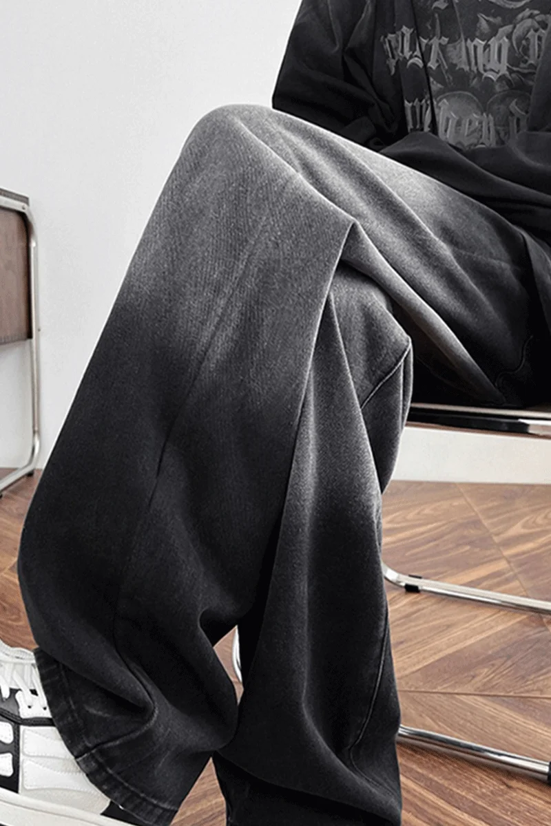 

Мужские джинсы в стиле ретро: американские, черные, с градиентом, из денима, на флисе, прямого кроя, широкие штанины, модные, для весны и осени