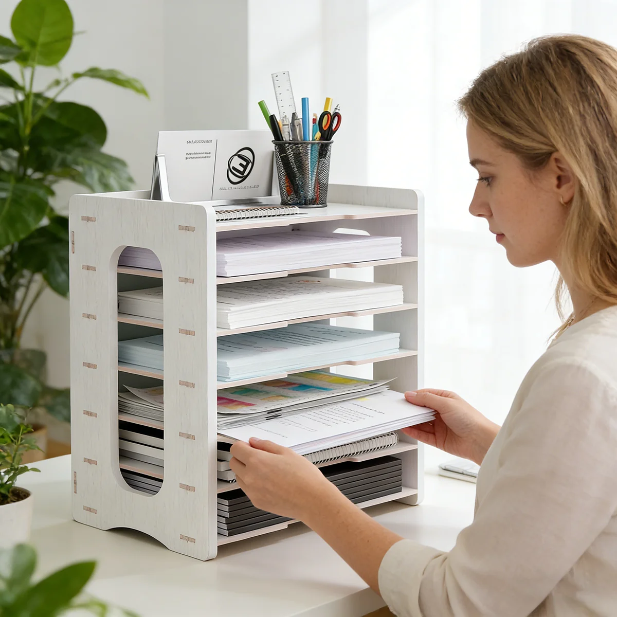 7 Layer Desktop File Organizer, White Wooden Paper Storage Shelf, DIY Assembly Document Tray for Office Supplies, A4 File Folder