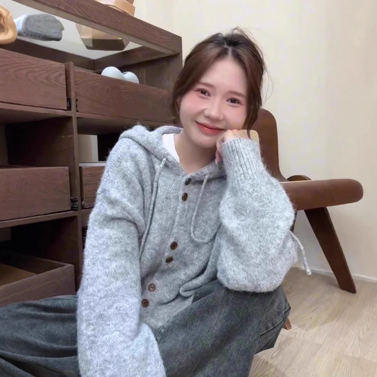 Damesvest met capuchon voor herfst en winter Dikke Koreaanse stijl Losse en luie stijl Zachte gebreide trui Jas Top