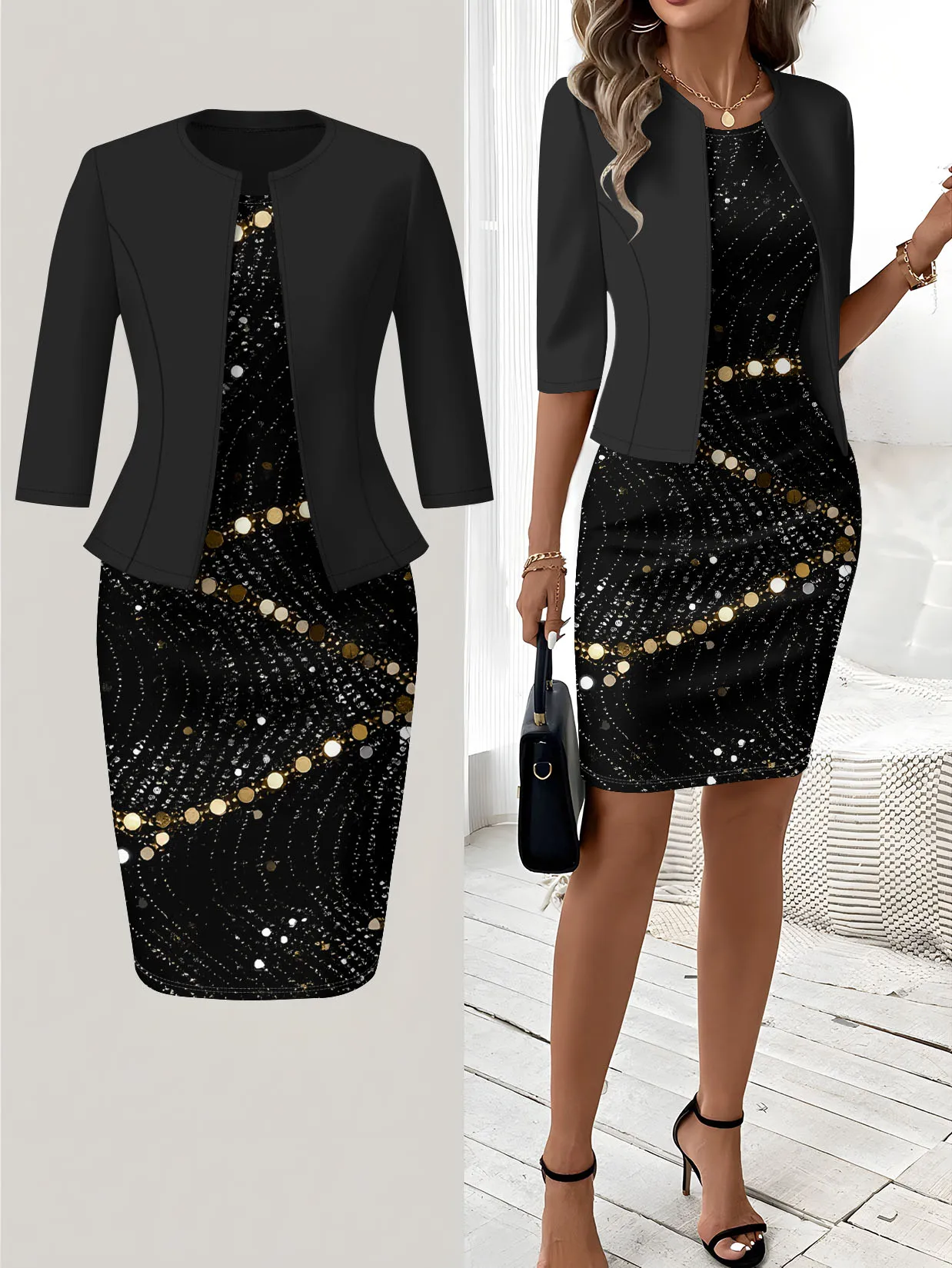 Printed Design Autumn and winter styles vacation style Golden Dots And Stars Pattern crew neck dress suit