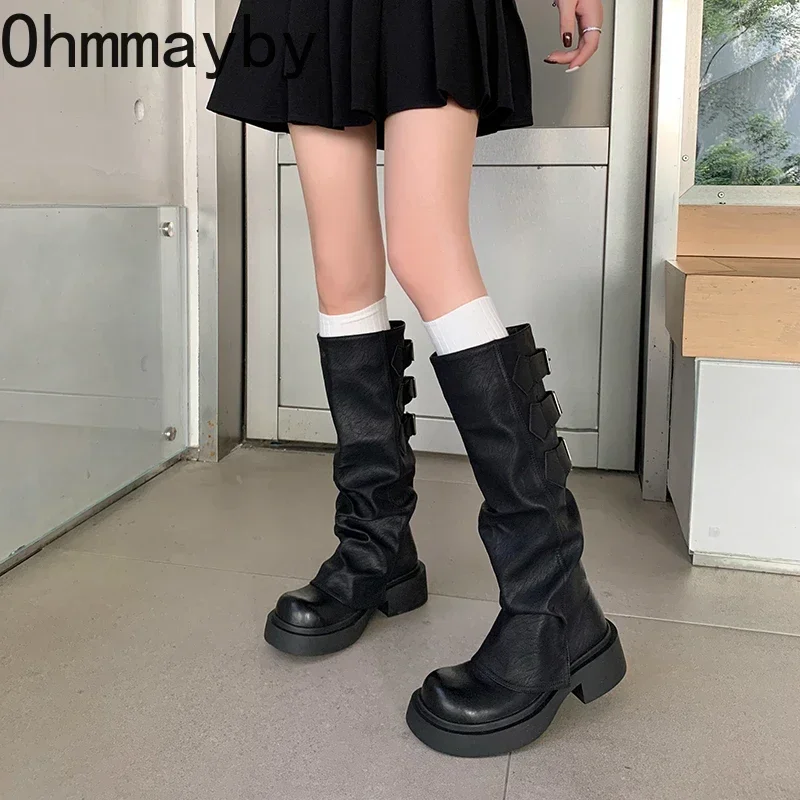 Platform Thick Heel Women Western Cowboy Boots Fashion Slip On Knight Long Booties Autumn Winter Female Shoes