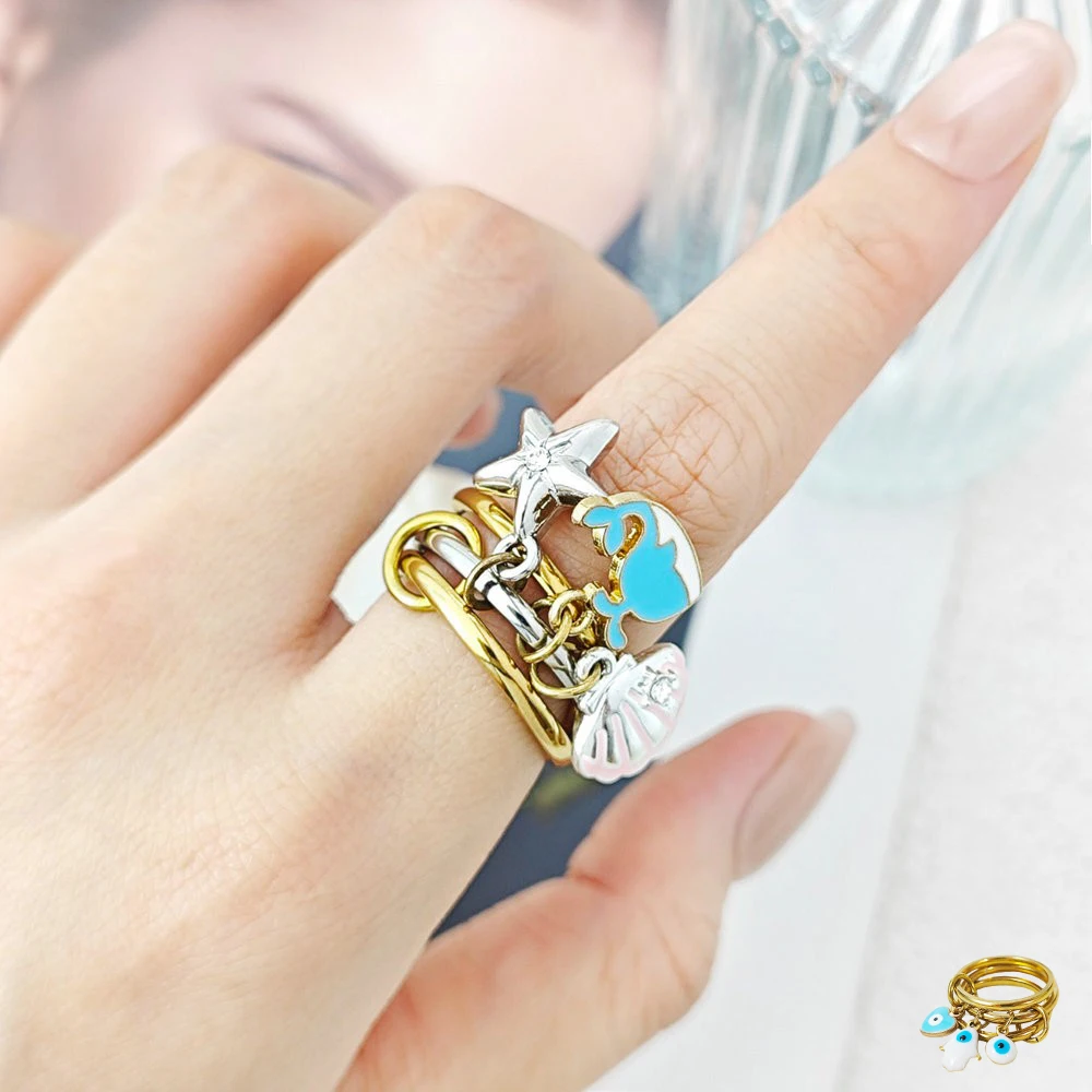 Nette Wal Shell Seestern Charme Ringe Stapel Set Für Frauen Ozean Stil Trend Edelstahl Anhänger Stapeln Spinelli Ring Geschenke