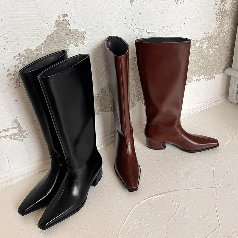 JOZHAMTA Size 34-40 Women Knee High Boots Real Leather Ins Fashion Winter Thick Mid Heels Shoes 2025 Wide Calf Office Lady Dress