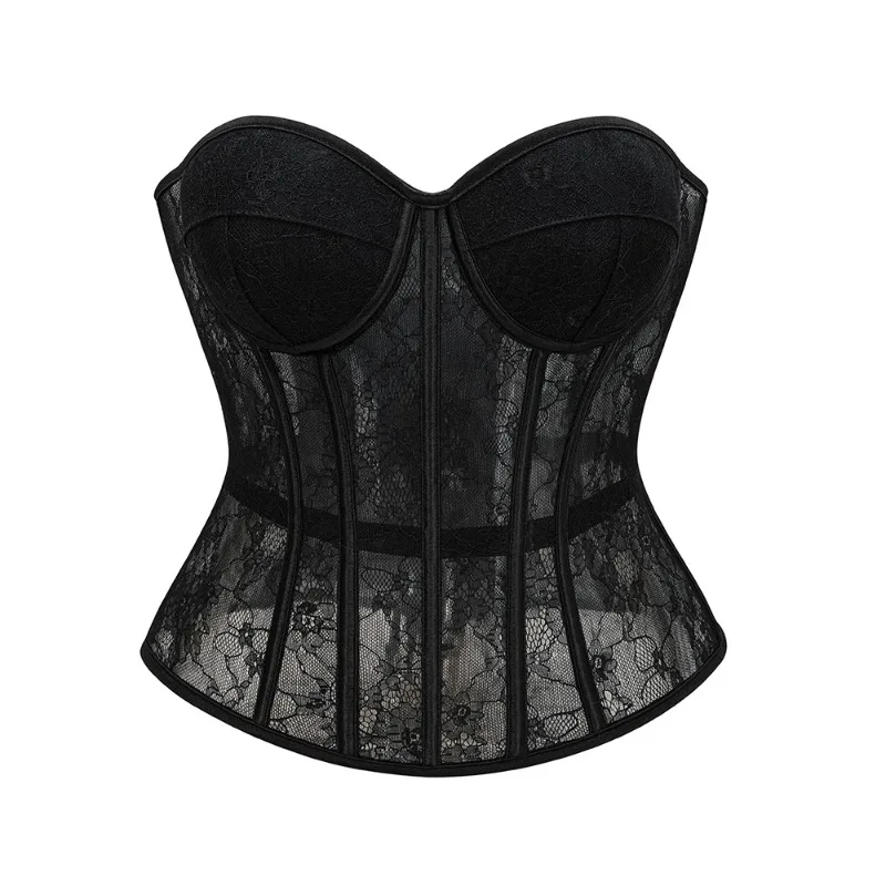 Black Mesh Lace See Through Corset Top Heart Neck Boned Hourglass Figure Shaping Club Party Bustier