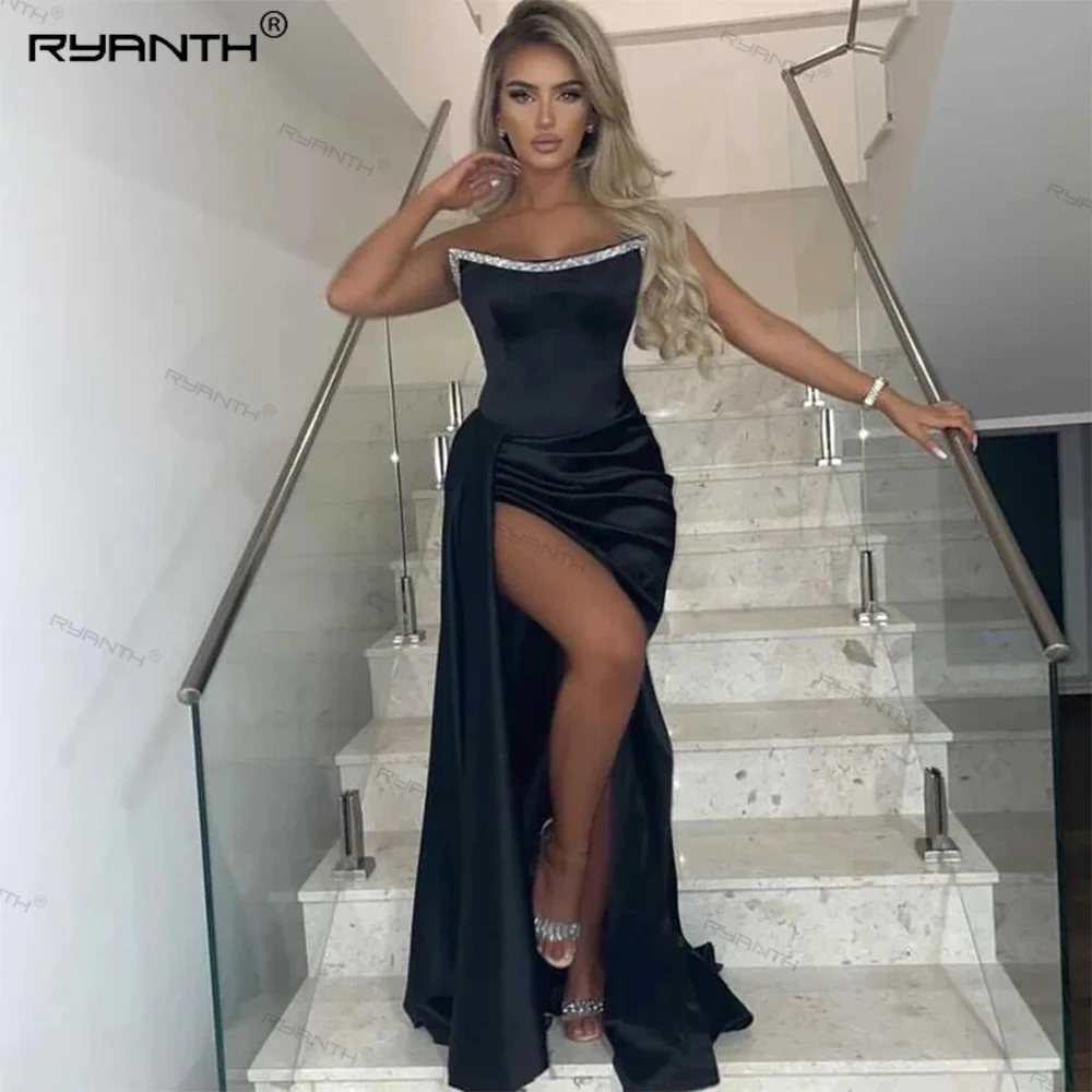 

Ryanth Black Women's Evening Dresses Formal Beadings Strapless Satin High Split Prom Gowns Floor-Length Cocktail Party Dress