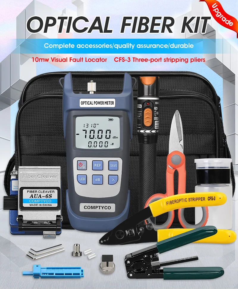 

FTTH Fiber Optic Tool Kit AUA-6S Fiber Cleaver with Fiber Optica Power Meter and 10mW Visual Fault Locator