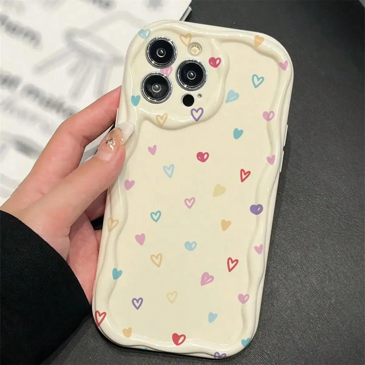 Love Heart TPU Soft Phone Case for IPhone 14 Pro 15 Plus 13 Pro Max 12 11 X XS XR 7 8 Plus SE 2020 3D Wavy Curved Edge Cover