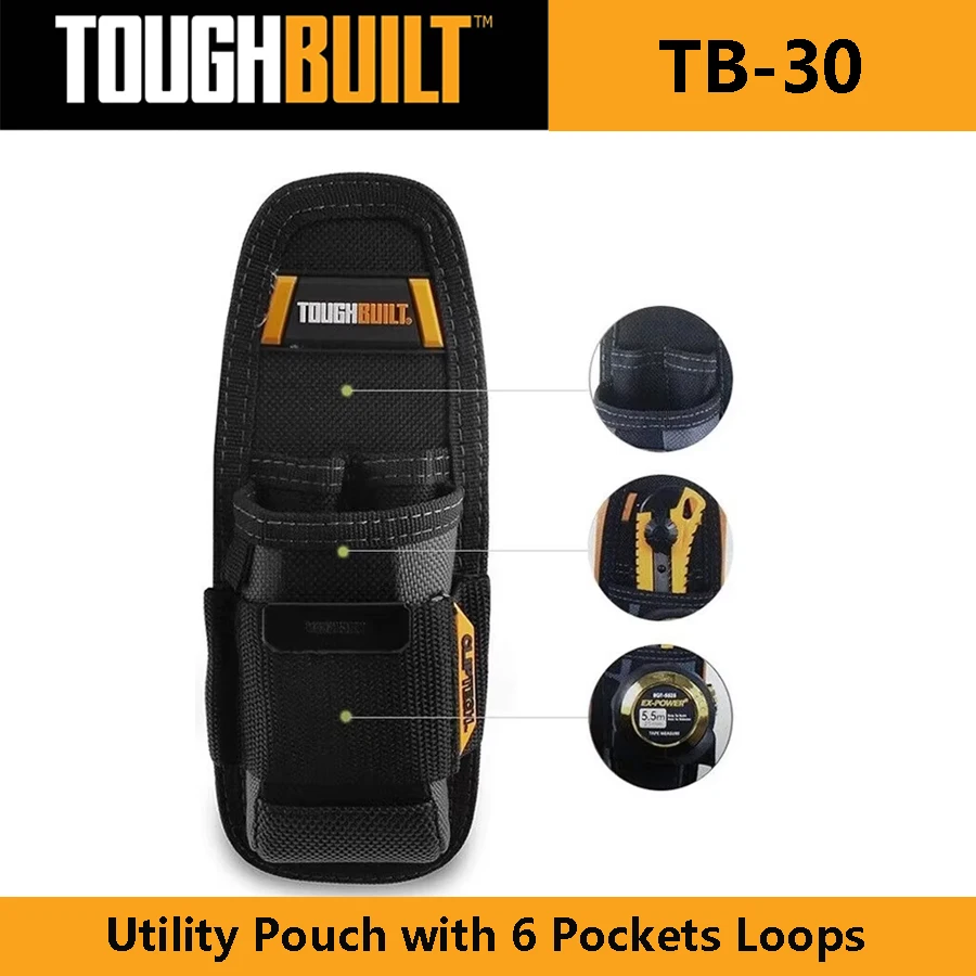 TOUGHBUILT TB-30 Utility Pouch 6 Pockets Loops Steel Belt Clip Tape Measure Clip Plastic-Lined Tool Bag Tool Accessories
