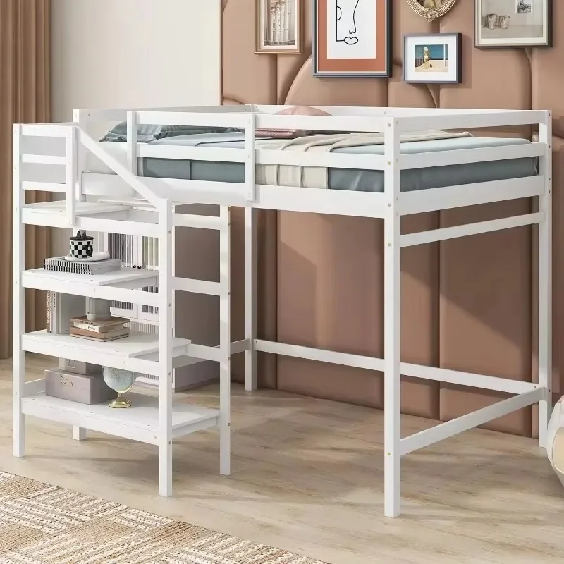 Full Size Loft Bed with Stairs and Hanging Rod, Wooden Full Loft Bed Frame with Storage Shelf (Full, White)