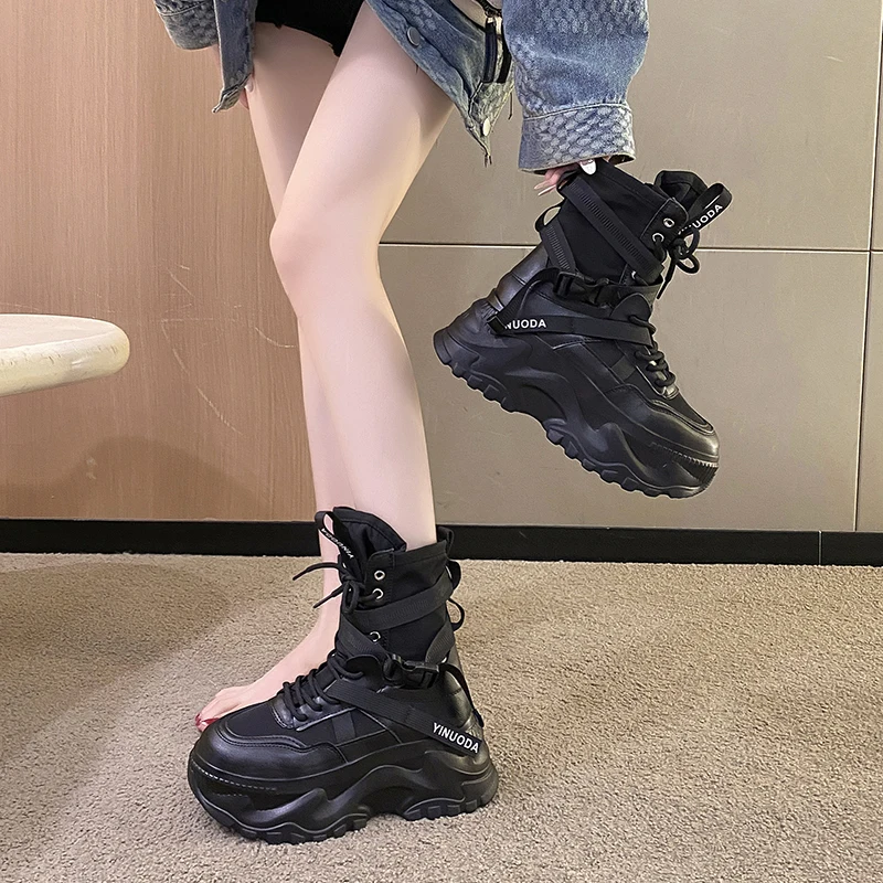 Spring Women Thick Sole Ankle Boots Autumn Luxury Platform Casual Boots Women\'s 8cm High Heels Wedge Boots Shoes Woman Sneakers