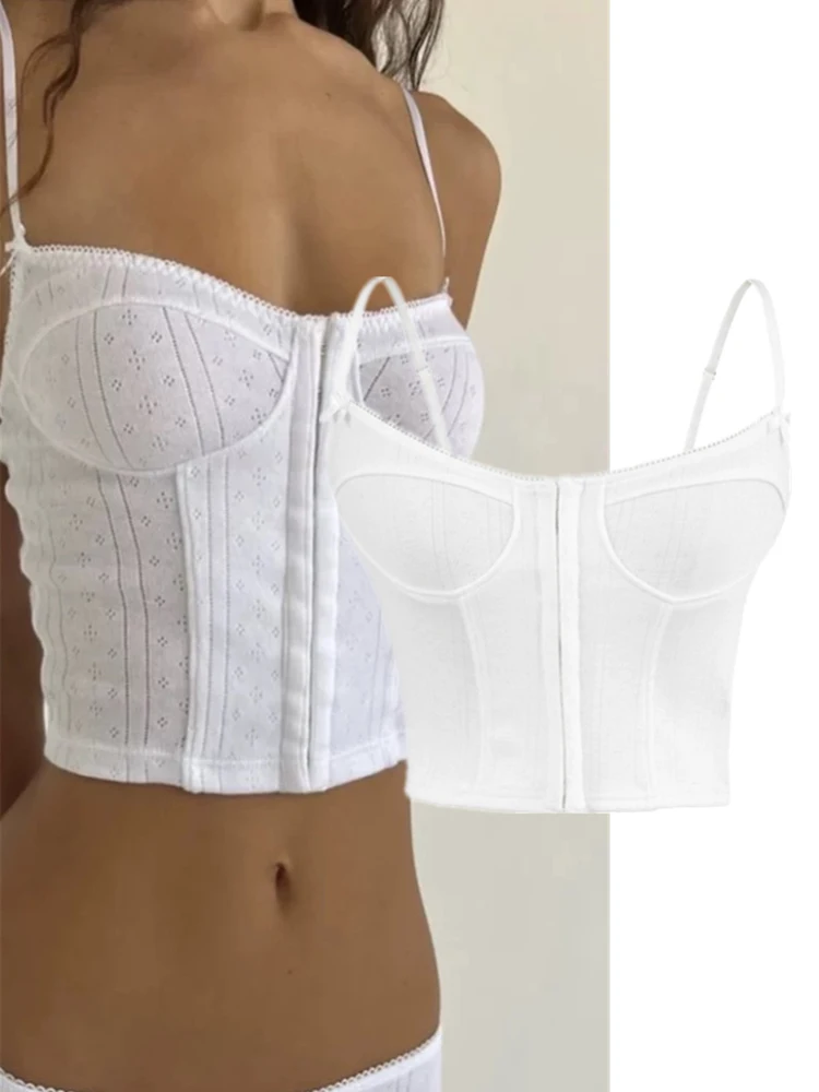 

American Sle Spicy Girl Knot Front Buttoned Waist Knitted Small Top Lace Embroidery Hollow out Women's Vest