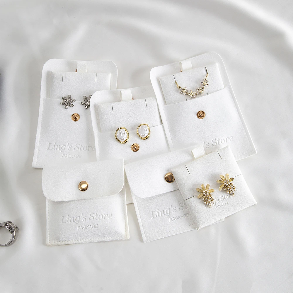 

20/50/100Set Personalized 8x8cm Elegant Jewelry Snap Bag Microfiber Velvet Suede Gift Packaging Button Pouches Insert 6x6cm Card