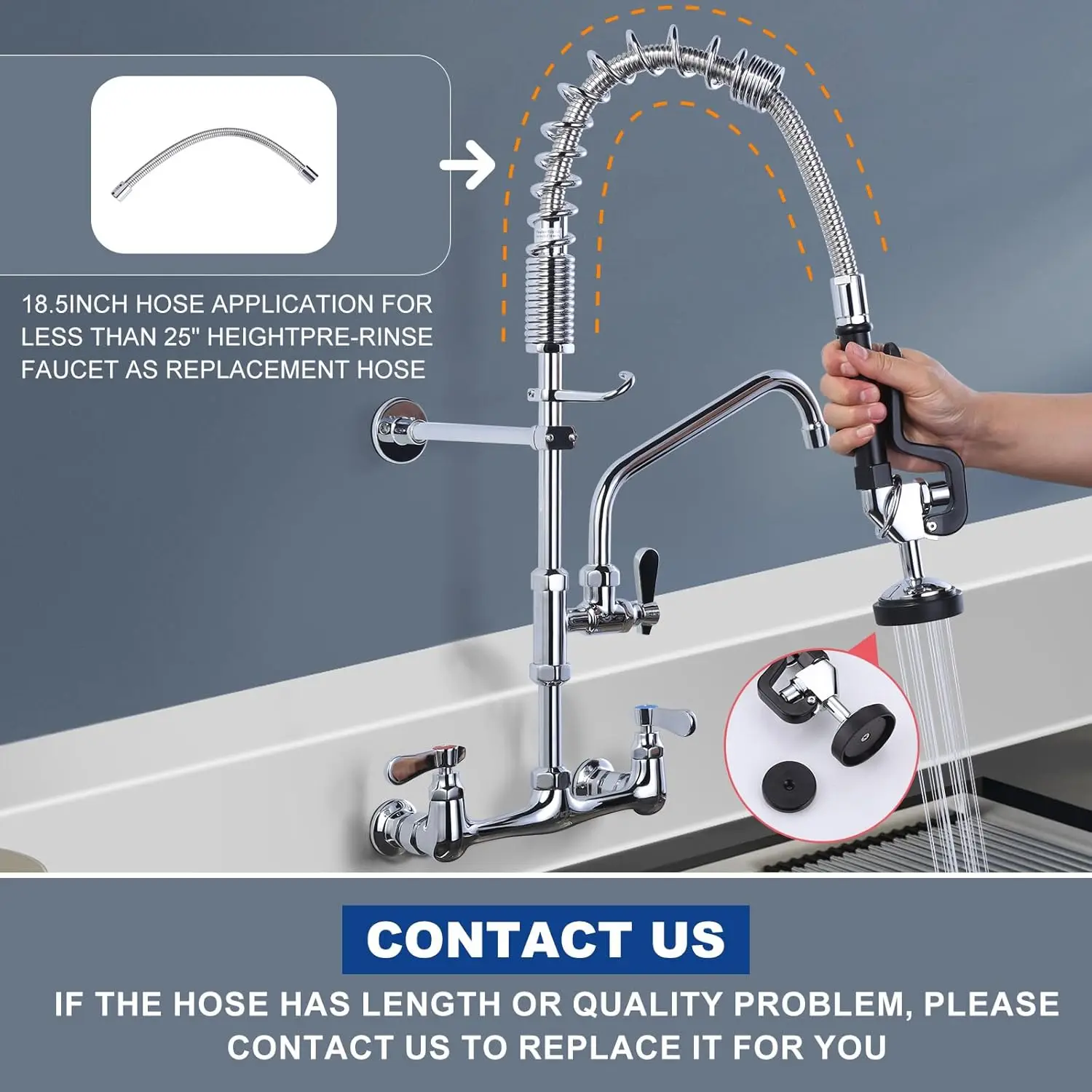 Kitchen Faucet Wall Mount with Pre-Rinse Sprayer 8 Inch Center Wall Mount Kitchen Sink Faucet with 9.6" Add-on Swing Spout
