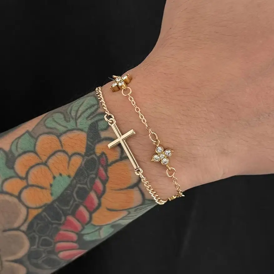 KunJoe 2Pcs/set Fashion Gold Color Cross Chain Bracelet Men Exquisite Acrylic Rhinestone Adjustable Hand Bangles Wedding Jewelry