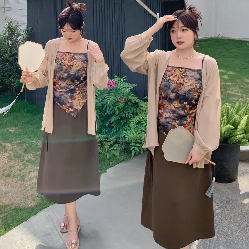 Plus Slightly Fat Large size women clothing Women's National Style Three Piece Set ink Chinese ancient clothing Retro Sets